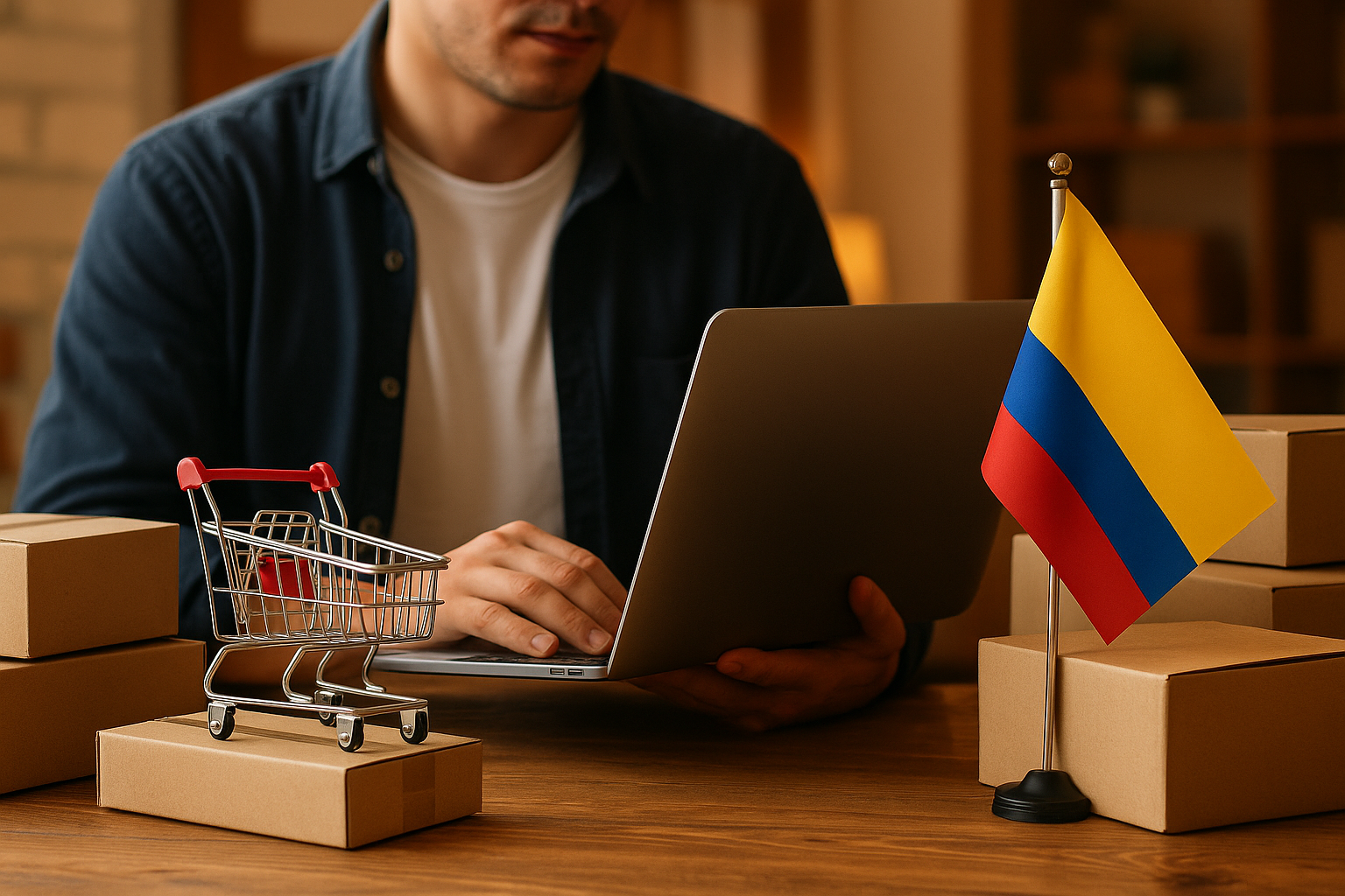 Pessoa fazendo compras notebook, um carrinho de compras pequeno sobre a mesa cheia de caixas e uma bandeira da colombia em um bastão